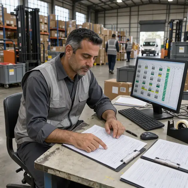 a worker at a warehouse desk reviewing an order sheet next to a computer showing current cooler inventory