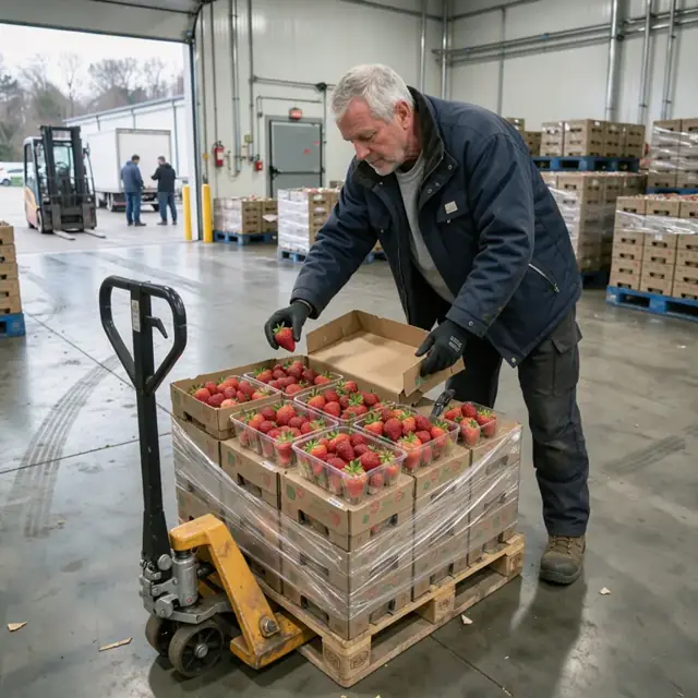 a worker opening a pallet of boxed strawberries in a refrigerated warehouse and checking fruit for color and firmness