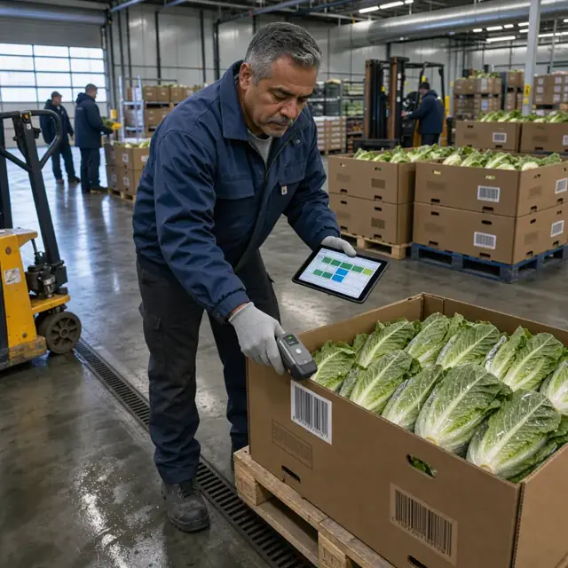 a worker scanning a barcode on a box of leafy greens and updating a digital log on a tablet inside a refrigerated warehouse