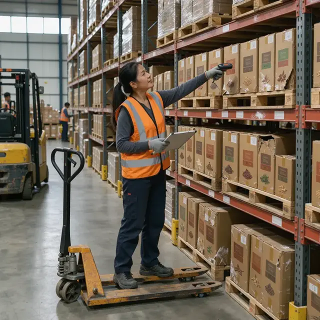 a worker in a safety vest using a handheld scanner to count spice cases on a high pallet rack inside a dry goods warehouse