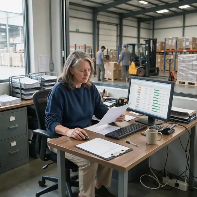 a warehouse office desk with printed order forms next to a computer screen showing inventory levels