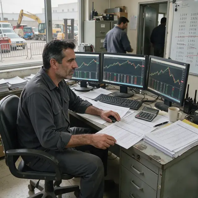 a worker at a desk with printed bid sheets and multiple monitors showing price charts next to a whiteboard with handwritten numbers