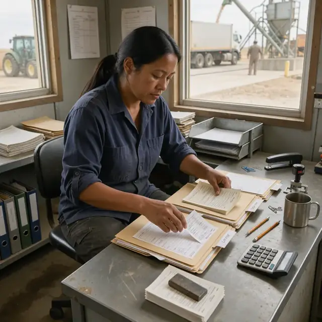 a worker sorting scale tickets and grade certificates into labeled file folders on a metal desk inside a scale house