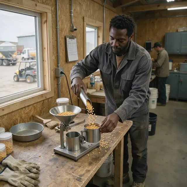 a worker pouring a grain sample from a probe into a test weight apparatus on a workbench inside a scale house