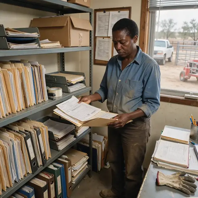 a worker organizing folders of livestock health certificates and brand inspection documents on metal shelves in a ranch office