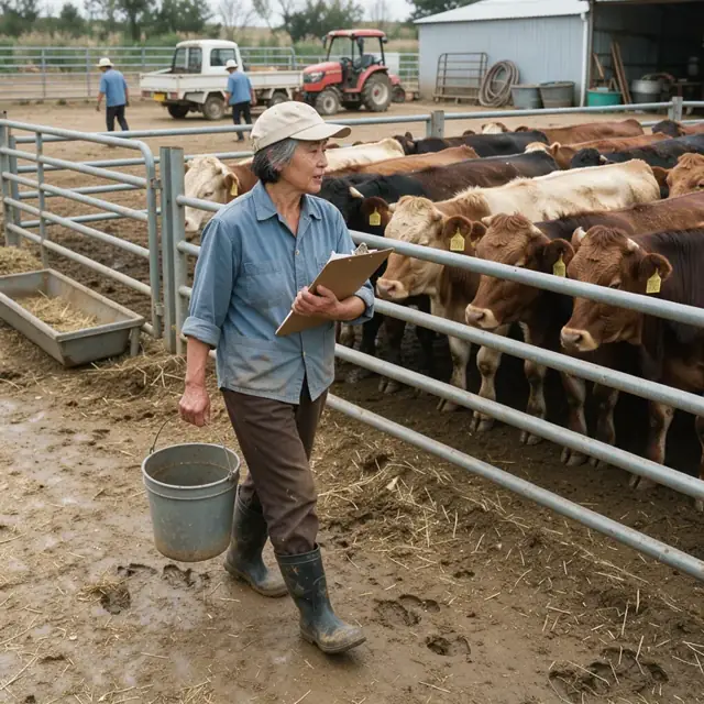a worker walking along a fence line counting cattle in a holding pen while carrying a clipboard and feed bucket
