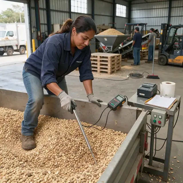 a worker using a moisture probe inserted into a bulk load of shelled nuts inside a warehouse with a scale ticket printer nearby