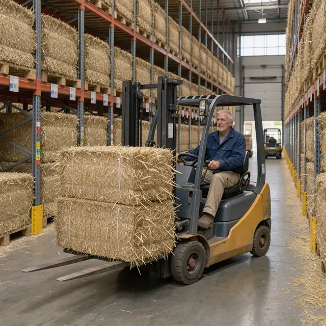 a worker driving a forklift carrying stacked straw bales through tall warehouse aisles with visible lot tags on the racks