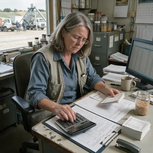 a worker at a desk comparing scale tickets and lab test reports while preparing a settlement statement