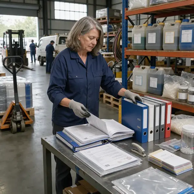 a worker organizing thick binders of safety data sheets and certificates next to shelves of labeled plastic resin containers