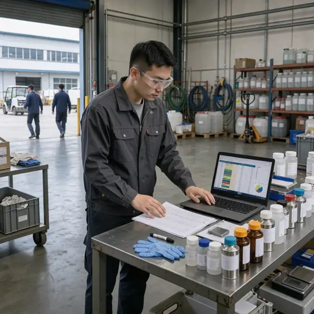 a worker reviewing inventory reports on a laptop while standing at a workbench with small containers of industrial chemicals arranged in front