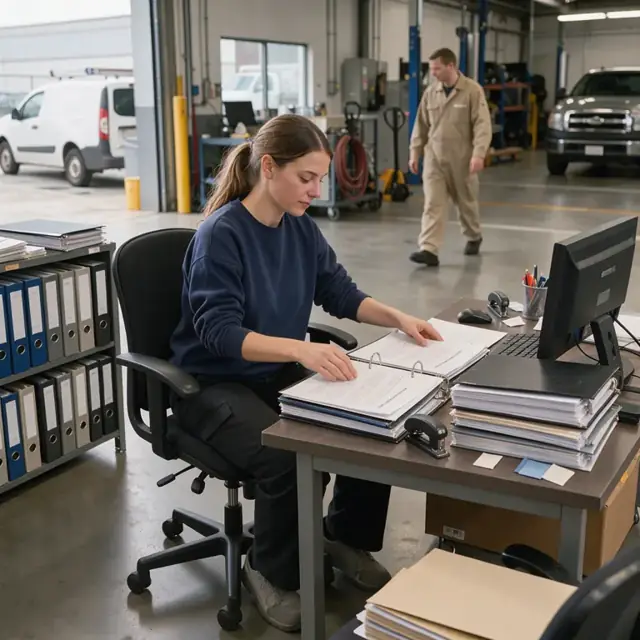 a worker at a desk organizing stacks of three-ring binders containing safety data sheets and customer agreements next to a computer monitor