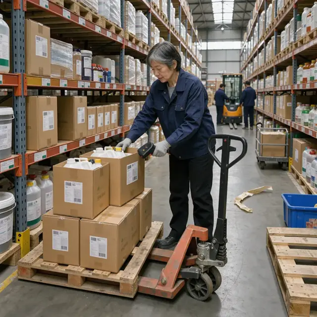 a worker in a warehouse aisle scanning barcodes on boxes of chemicals while pulling items onto a pallet jack beside labeled shelving units
