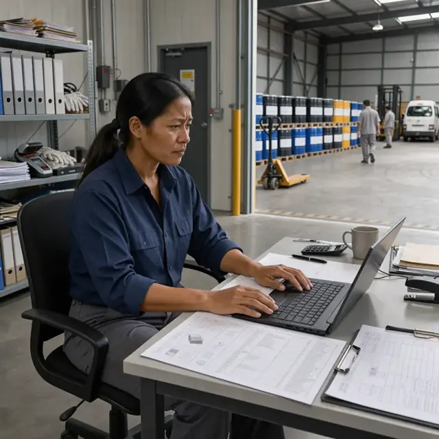 a worker at a desk reviewing product specification sheets and typing on a laptop with chemical drums visible through an open warehouse door
