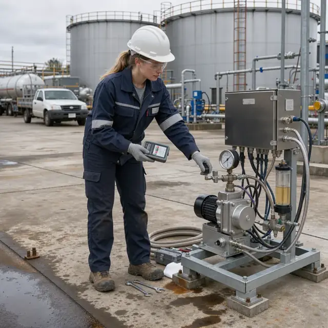 a worker checking calibration on an automated additive injection pump system mounted on a concrete pad beside fuel storage tanks