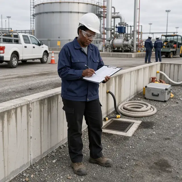 a worker wearing safety glasses completing a daily inspection checklist on a clipboard while standing beside a large spill containment dike at a fuel terminal