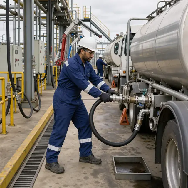 a worker in a hard hat connecting a loading arm to a tanker truck at a multi-bay fuel loading rack with vapor recovery hoses visible