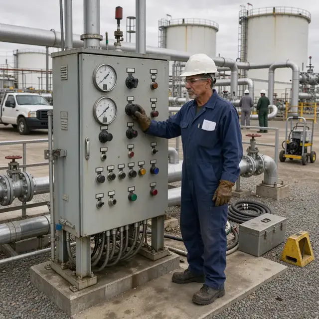 a worker in coveralls standing at a large outdoor tank farm control panel with multiple gauges and pipelines in the background