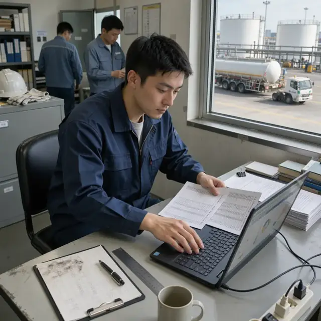 a worker comparing printed supplier documents against a laptop screen at a desk inside a terminal office with fuel storage tanks visible through the window