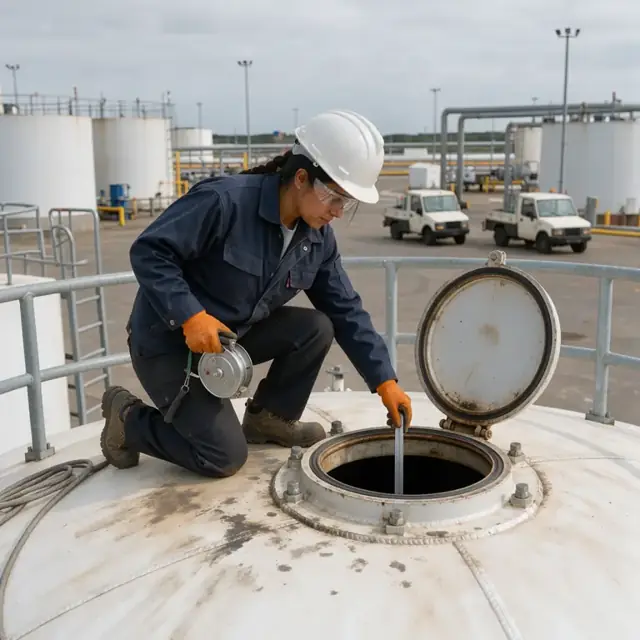 a worker lowering a gauging tape into an open hatch on top of a large white above-ground storage tank at a fuel terminal