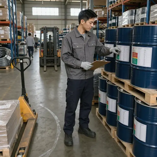 a worker wearing gloves checking labels on stacked drums of hydraulic fluid in a warehouse aisle while holding a checklist on a clipboard