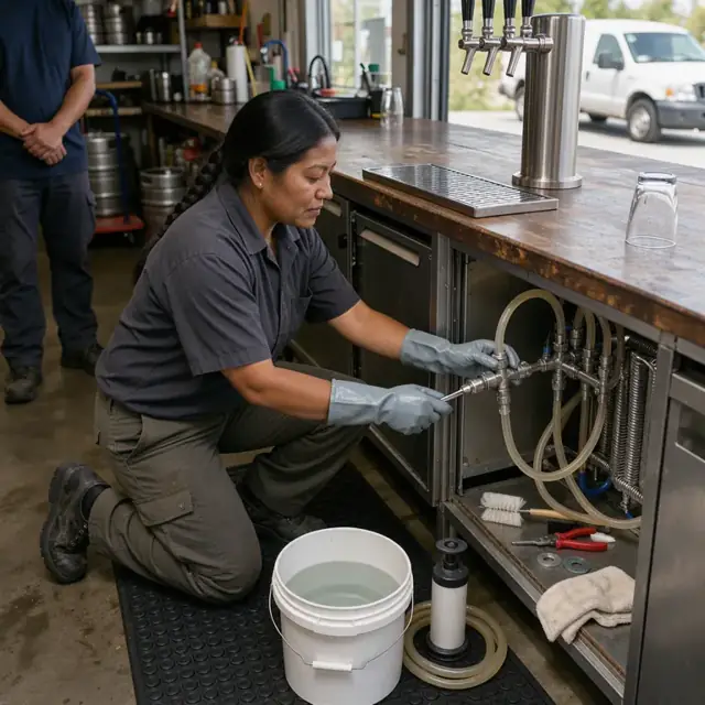 a technician kneeling at a bar with tools cleaning a beer draft tower and coils behind the counter