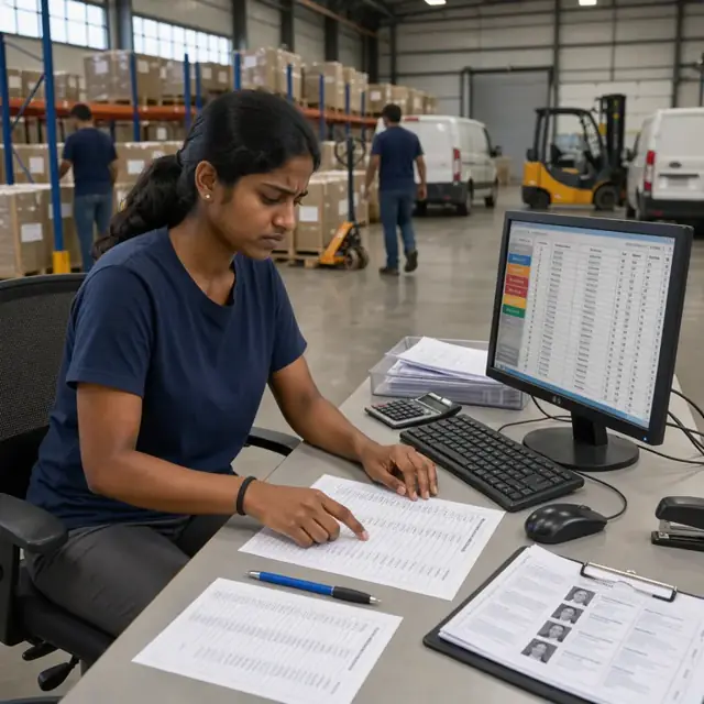 a warehouse office desk with printed order forms, a clipboard of license copies and a computer screen showing beer brand lists