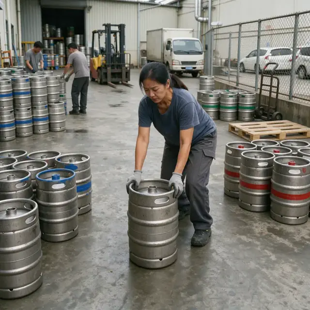 a worker sorting empty stainless steel beer kegs by brand in a fenced outdoor yard next to the warehouse