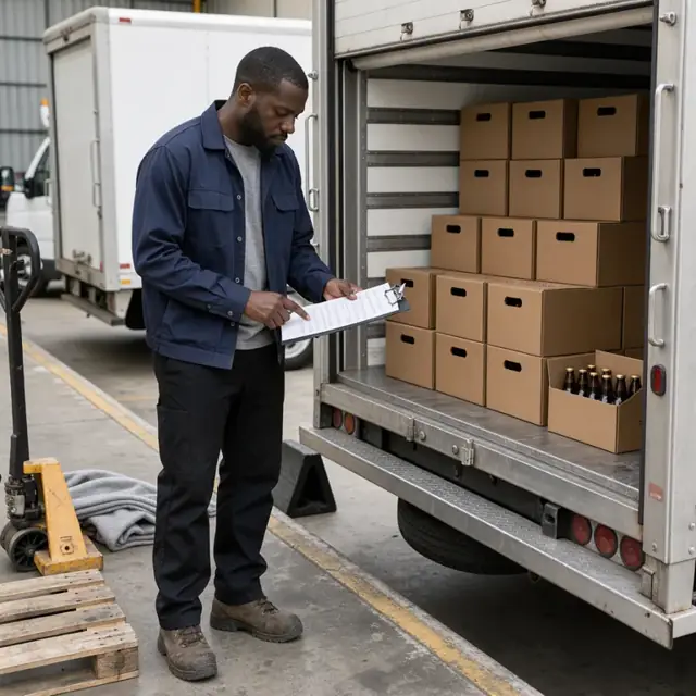 a driver checking a clipboard next to a refrigerated truck with its rear door open showing stacked beer cases on a loading dock