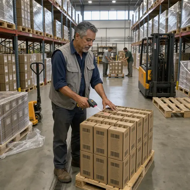 a worker scanning barcodes on wine cases with a handheld device while preparing pallets in a climate-controlled warehouse aisle