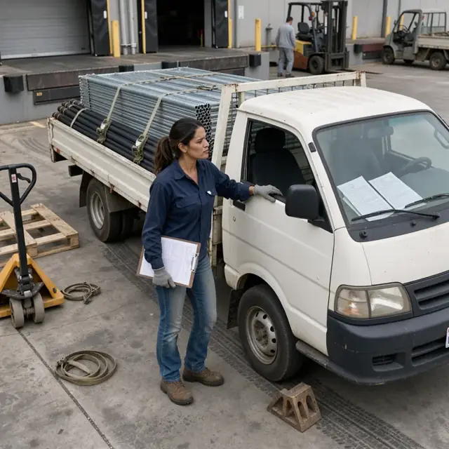a flatbed truck loaded with pallets of fencing panels and irrigation pipe parked at a warehouse loading dock with route paperwork visible on the dashboard