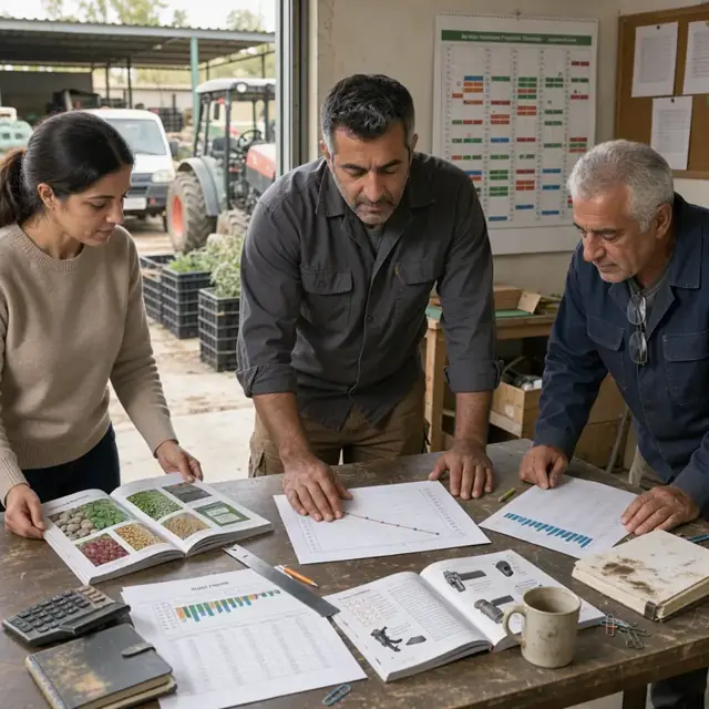a planning table covered with printed historical sales reports, supplier catalogs and a large wall calendar annotated with planting and harvest windows