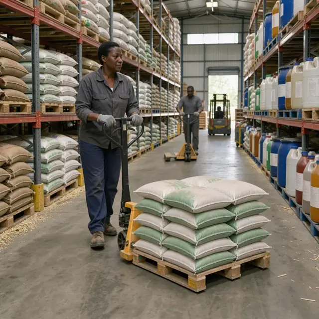 a worker operating a pallet jack to move stacked bags of fertilizer along a wide aisle between tall racks holding seed sacks and chemical containers