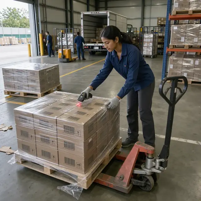 a worker scanning barcodes on incoming pallets of shrink-wrapped book cartons at a distribution center receiving dock