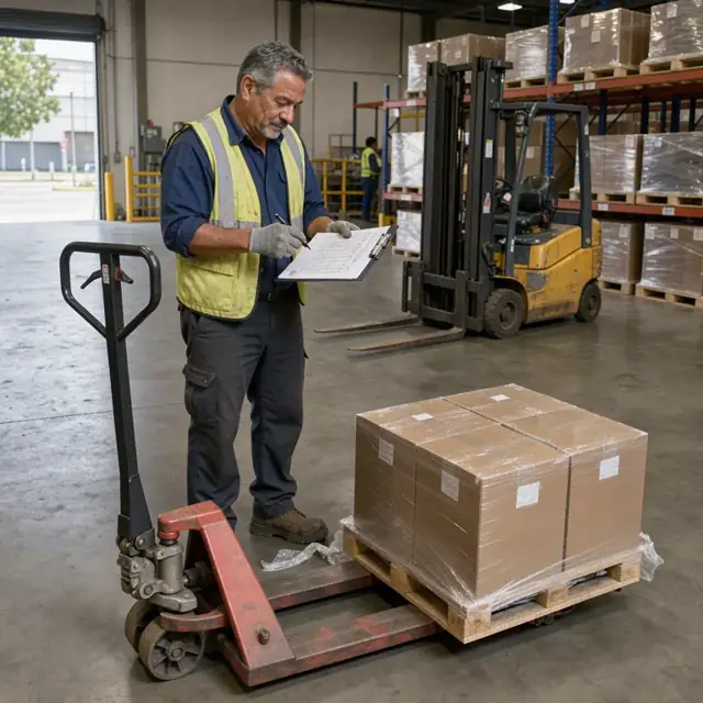 a worker in a warehouse checking a forklift inspection checklist on a clipboard while standing beside a loaded pallet jack