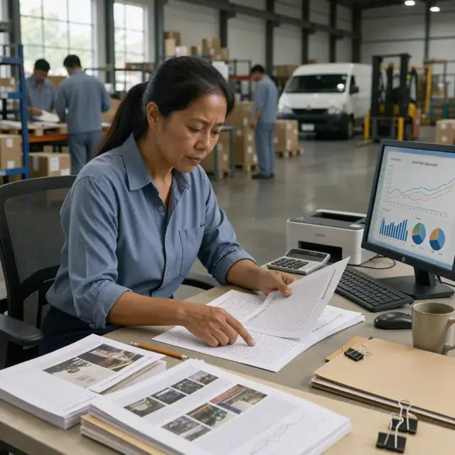 a worker reviewing printed sales reports and book catalog sheets at a desk with a computer showing inventory trend charts