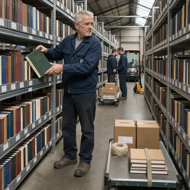a worker in a warehouse aisle pulling a hardcover book from a tall metal shelf filled with labeled book bins