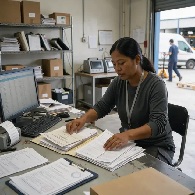 a worker organizing stacks of shipping manifests, temperature recorder printouts and certificates on a desk beside a computer