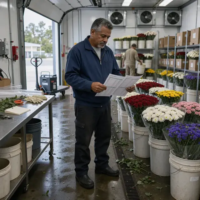 a worker reviewing printed inventory spreadsheets next to buckets of flowers inside a large commercial floral cooler