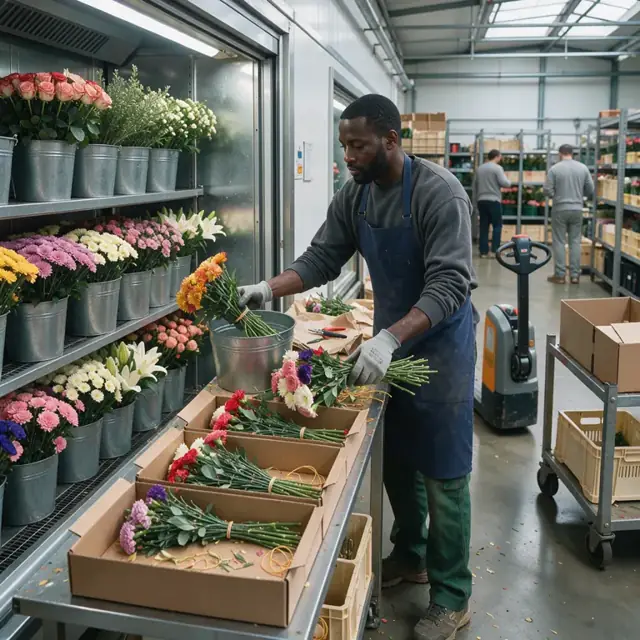 a worker selecting bunches of colorful flowers from refrigerated shelves and placing them into long cardboard shipping boxes on a packing table