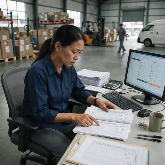 a warehouse office desk with a worker reviewing printed retailer orders next to a computer screen showing license verification fields