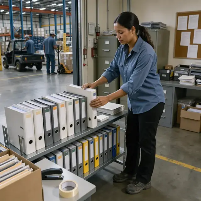worker organizing binders of safety data sheets on a metal shelf inside a warehouse office