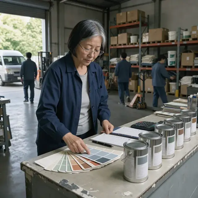 warehouse counter with paint swatch cards and order forms next to a row of unopened paint cans