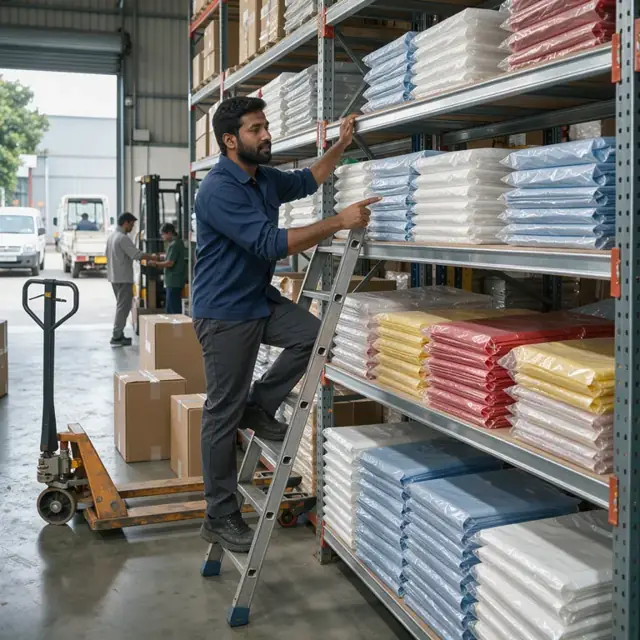 a worker on a step ladder counting stacks of folded plastic tablecloths inside a metal warehouse shelving unit