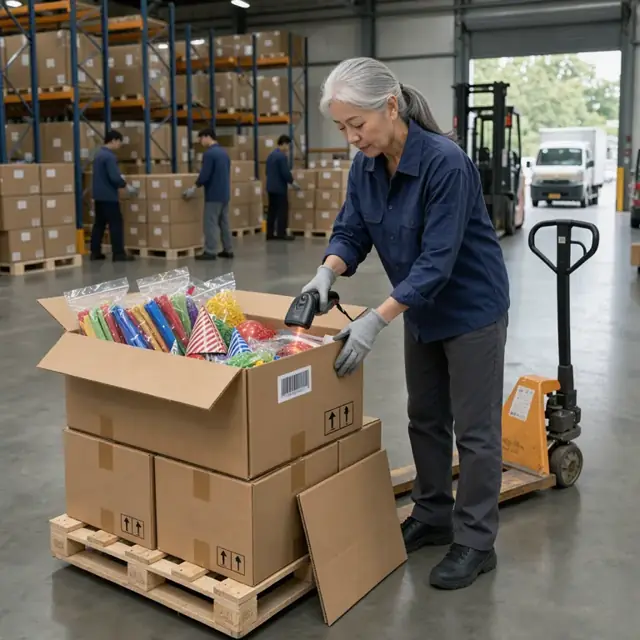 a worker scanning barcodes on incoming cartons of party supplies stacked on a pallet in a distribution center