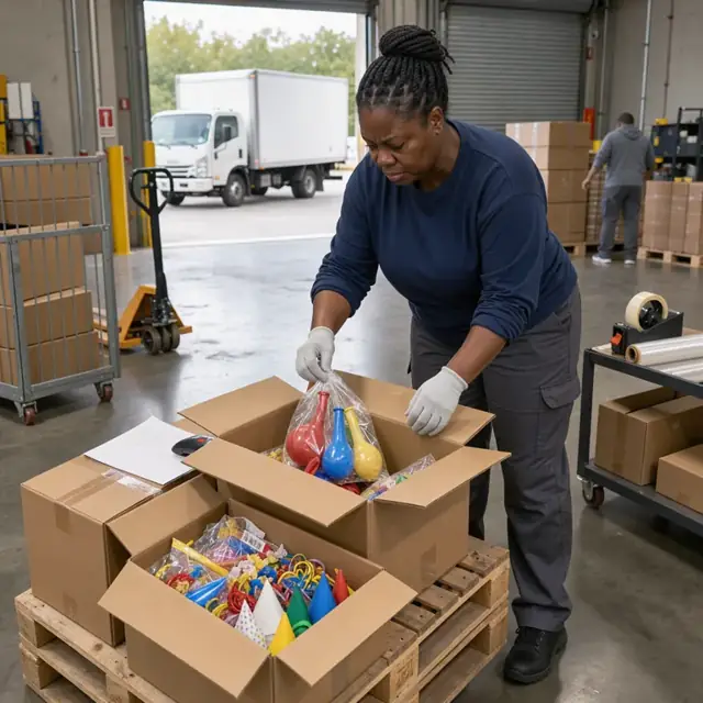 a worker at a receiving dock inspecting returned cartons of balloons and party favors before restocking