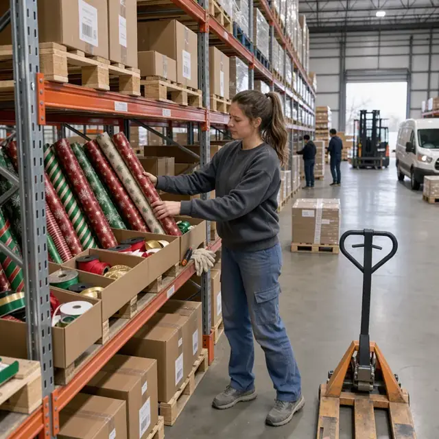 a worker arranging boxes of holiday-themed gift wrap and ribbon on a long warehouse shelving run