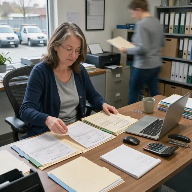 a worker at a desk organizing folders of business licenses, insurance certificates and resale permits next to a laptop
