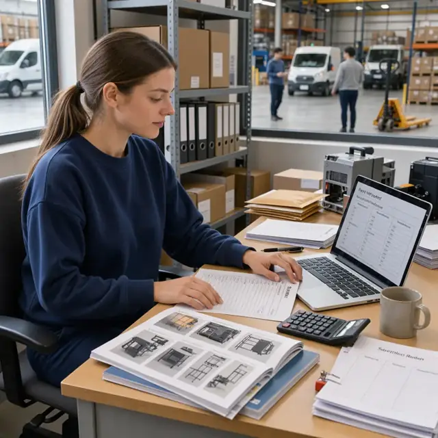 a worker at a desk reviewing printed supplier catalogs and entering buyer details from an inquiry form into a laptop