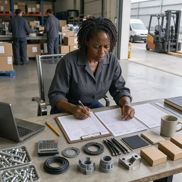 a worker comparing multiple supplier specification sheets while drafting a purchase order at a desk covered with product samples